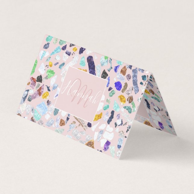 Trendy Colorful Shiny Stones Terrazzo Pink Design Business Card (Front)