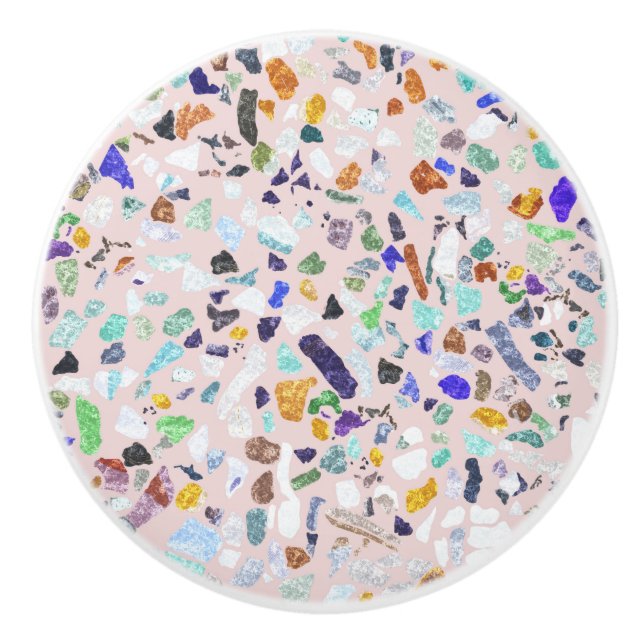 Trendy Colorful Shiny Stones Terrazzo Pink Design Ceramic Knob (Front)