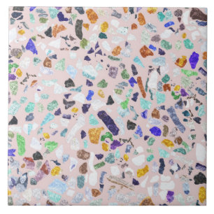 Trendy Colorful Shiny Stones Terrazzo Pink Design Ceramic Tile
