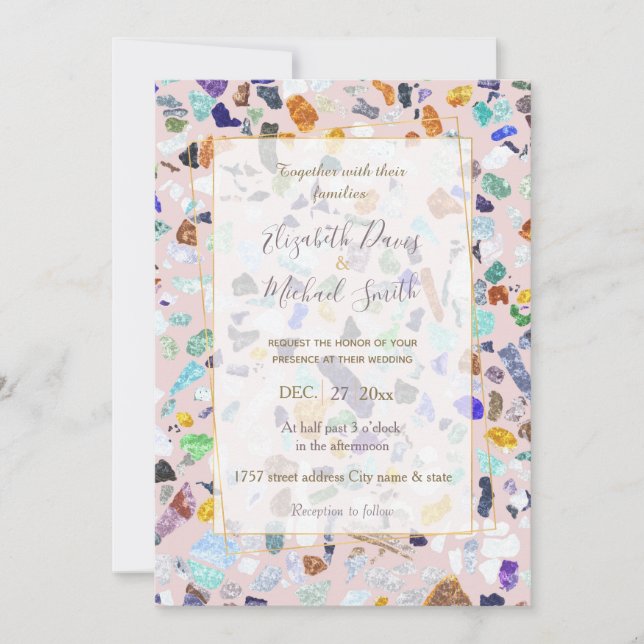 Trendy Colorful Shiny Stones Terrazzo Pink Design Invitation (Front)