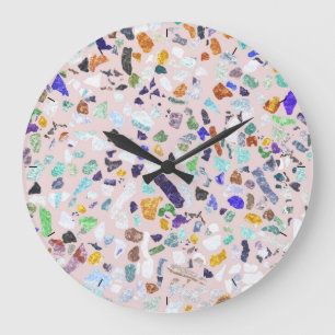 Trendy Colorful Shiny Stones Terrazzo Pink Design Large Clock