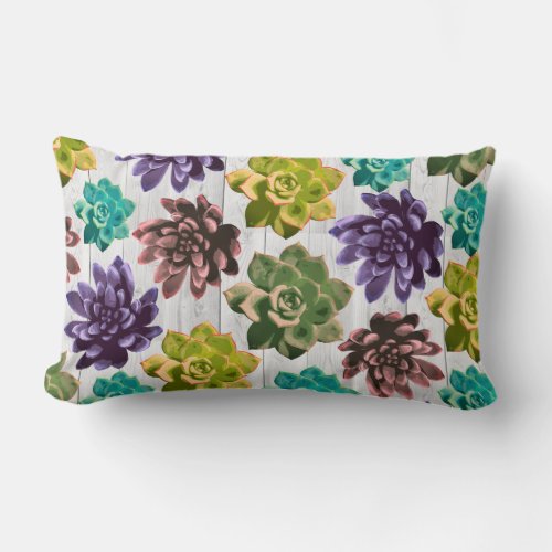 Trendy Colorful Succulents  White Wood Planks Lumbar Pillow
