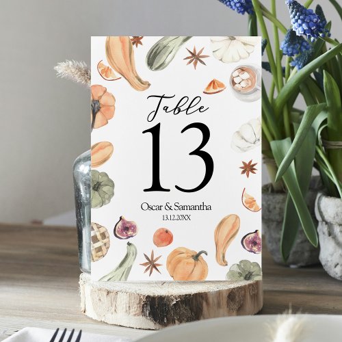 Trendy Colorful Watercolor Pumpkin  Autumn Vibes Table Number