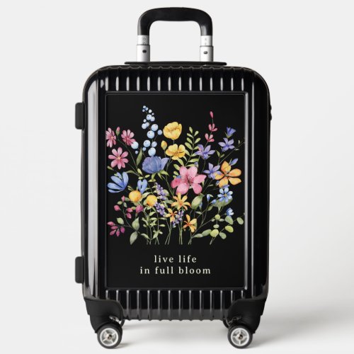 Trendy Colorful Wildflowers on Black with Quote Luggage