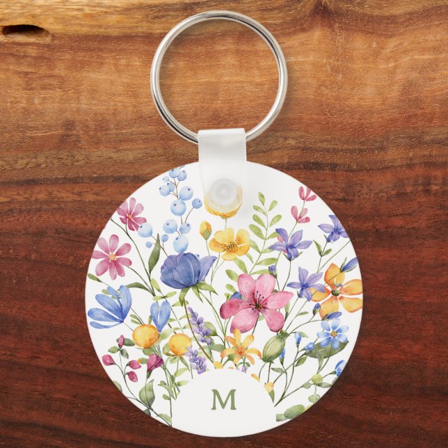 Trendy Colorful Wildflowers with Monogram Keychain (Front)