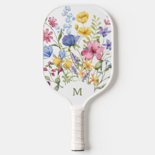 Trendy Colorful Wildflowers with Monogram Pickleball Paddle