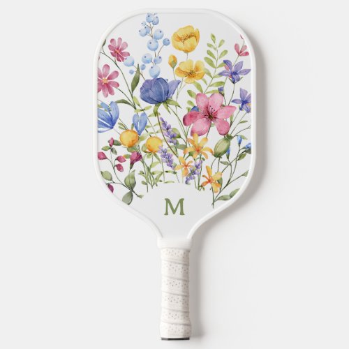 Trendy Colorful Wildflowers with Monogram Pickleball Paddle