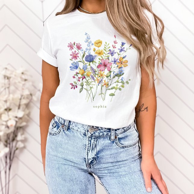 Trendy Colorful Wildflowers with Monogram T-Shirt (A trendy and boho T-shirt with colorful wildflowers and your name or monogram)