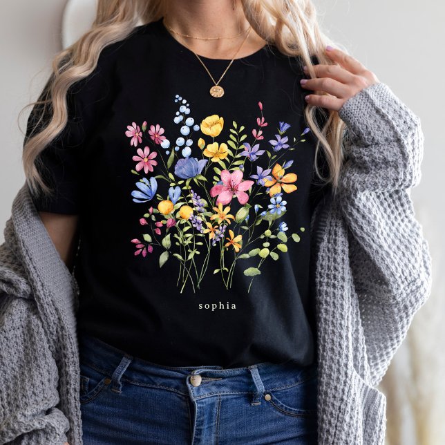Trendy Colorful Wildflowers with Monogram T-Shirt (A bright and boho wildflower design, on a dark black t-shirt)