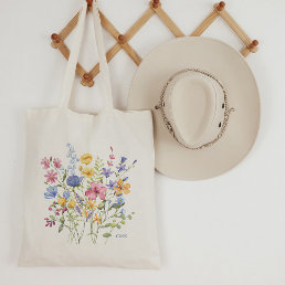 Trendy Colorful Wildflowers with Monogram Tote Bag