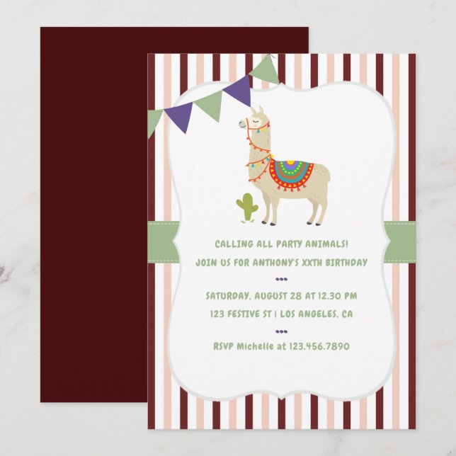 Trendy colorways Llama Birthday Party invitation (Front/Back)