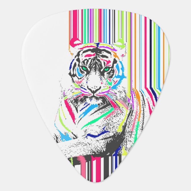 trendy colourful vibrant neon stripes tiger paint guitar pick (Front)