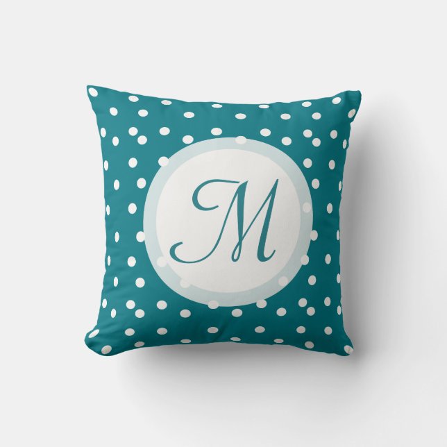 Trendy Confetti Dots Monogrammed Bluish Green Throw Pillow (Front)