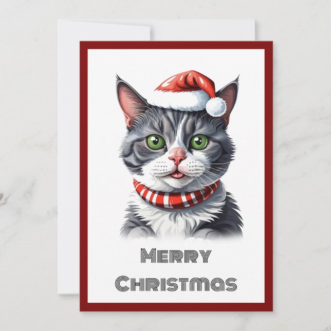Trendy Contemporary Whimsical Cat Merry Christmas  Holiday Card (Front)