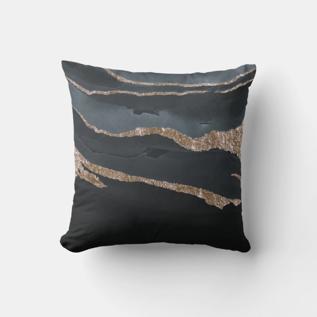 Trendy Cool Black Gold Marble Stone Throw Pillow (Front)