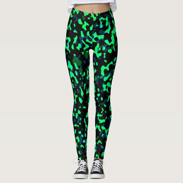 Trendy Cool Blue Green Black Camouflage Leggings (Front)