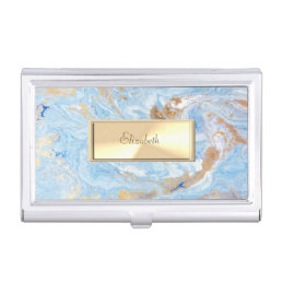 Trendy Cool Blue Marble Stone Gold Glitter  Frame Business Card Case