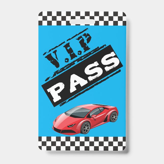 Trendy Cool Blue Race Car Birthday VIP Passes Badge (Front)