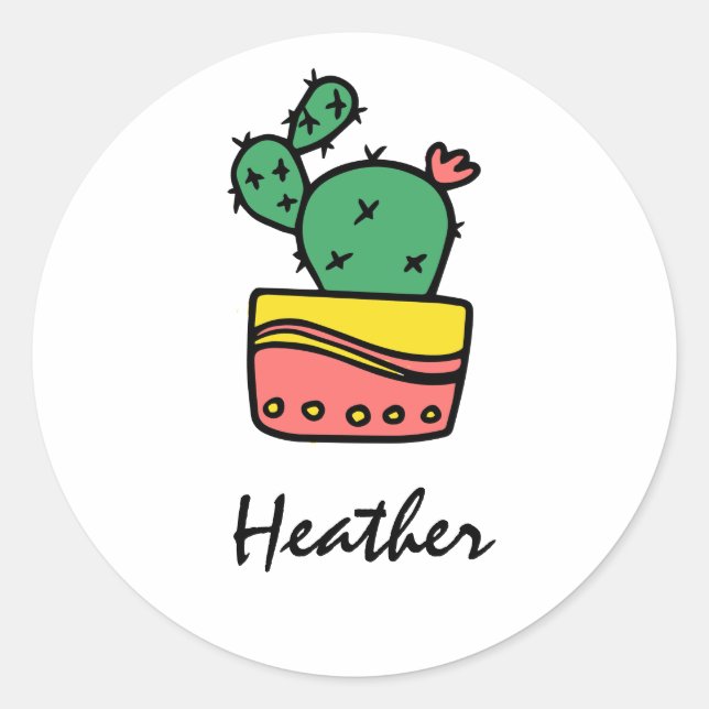 Trendy cool cactus personalized name template classic round sticker (Front)