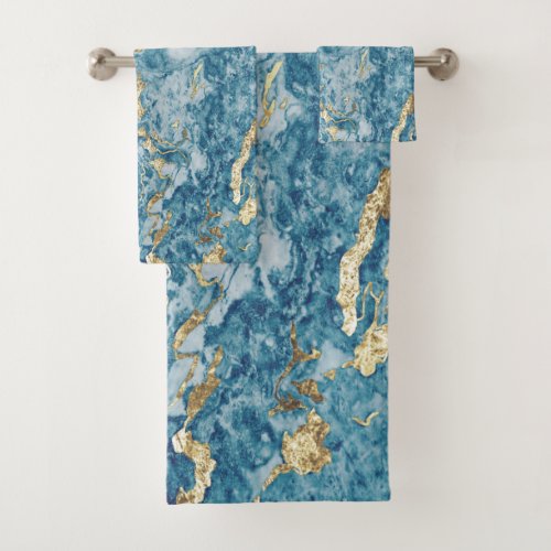 Trendy Cool Colorful Gold Blue Marble Pattern Bath Towel Set