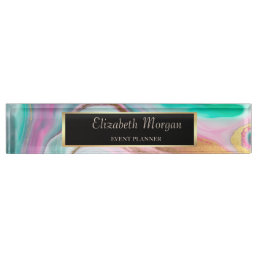 Trendy Cool Colorful Gold Marble  Desk Name Plate