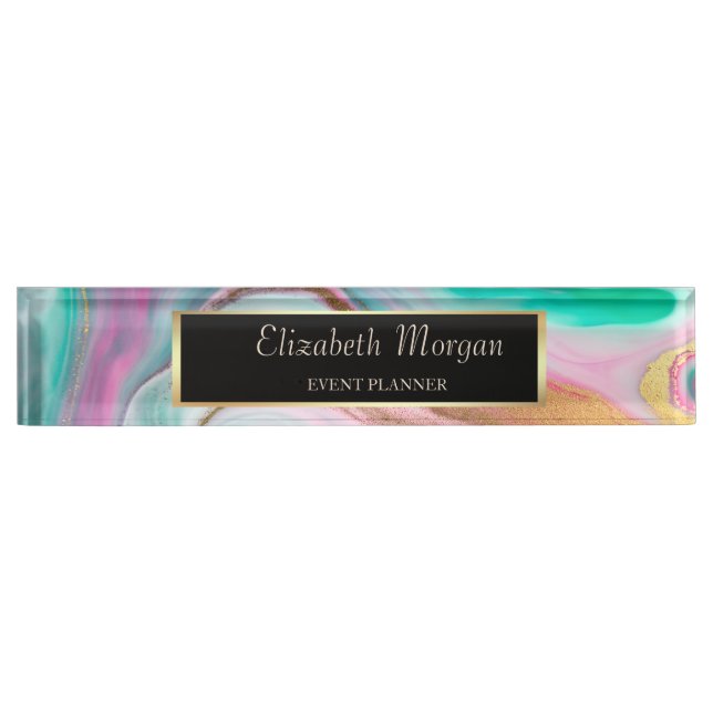 Trendy Cool Colorful Gold Marble  Desk Name Plate (Front)