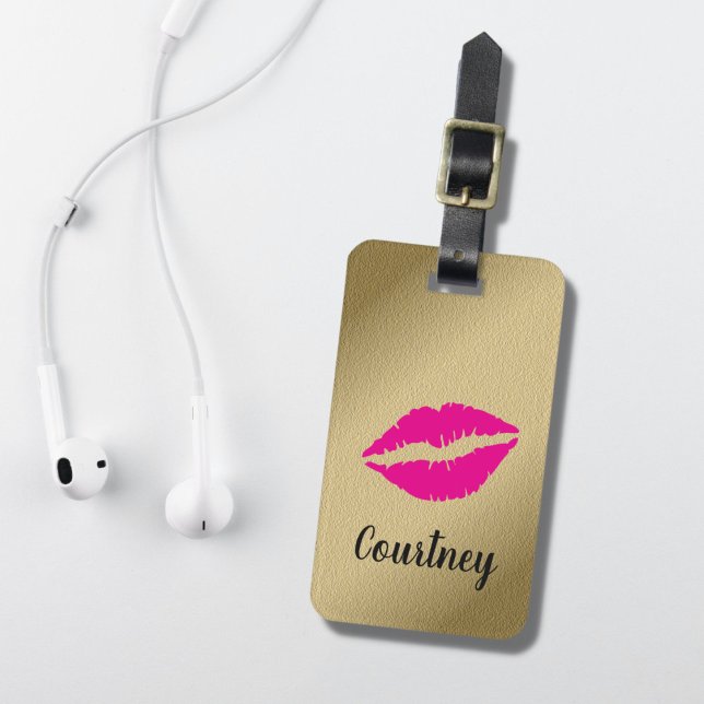 Trendy Cool Faux Gold Pink Lips Luggage Tag (Creator Uploaded)