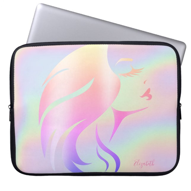 Trendy Cool Girl Face Silhouette Holographic Laptop Sleeve (Front)