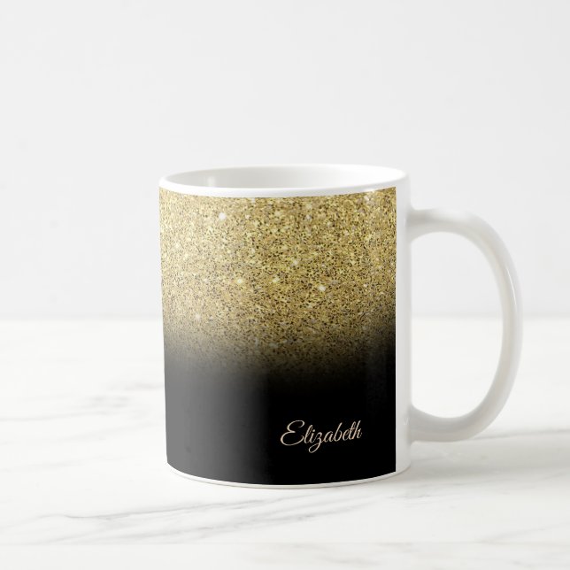 Trendy Cool Gold  Glitter, Black - Personalized Coffee Mug (Right)