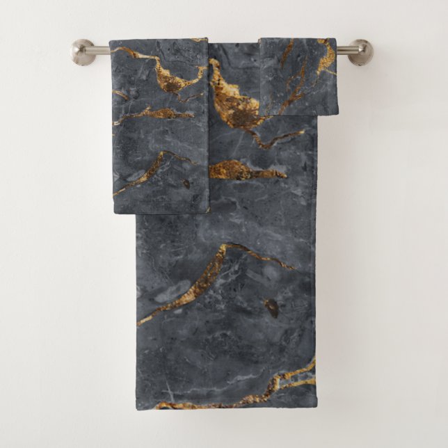 Trendy Cool Gray Gold Marble Pattern  Bath Towel Set (Insitu)