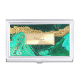 Trendy Cool Green Marble Stone Gold Glitter  Frame Business Card Case