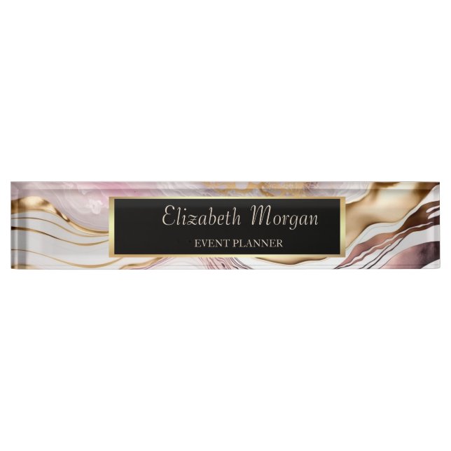 Trendy Cool Pink Gold Marble  Desk Name Plate (Front)