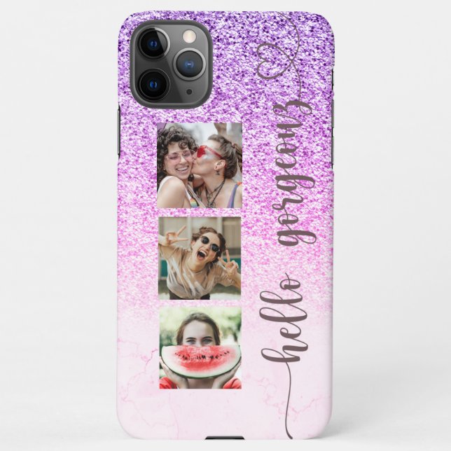 Trendy Cool Purple Pink Glitter Photo Collage iPhone Case (Back)
