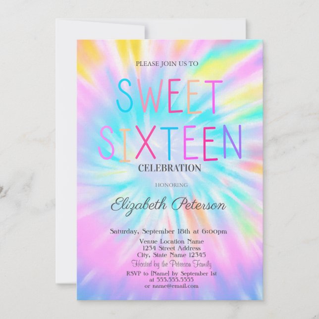 Trendy Cool Tie Dye Colorful Sweet 16  Invitation (Front)