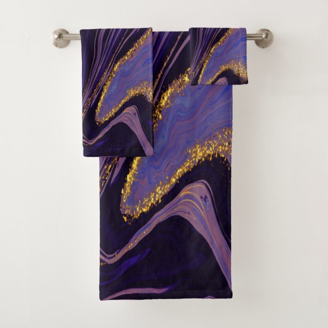 Trendy Cool Violet Gold Marble Pattern Bath Towel Set (Insitu)