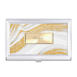 Trendy Cool White Marble Stone Gold Glitter  Frame Business Card Case