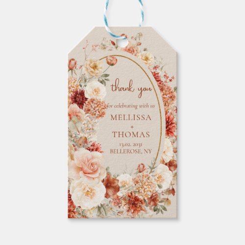 Trendy copper blush and burgundy flowers sage gift tags