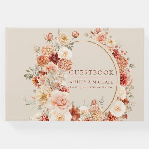 Trendy copper blush and burgundy flowers sage guest book
