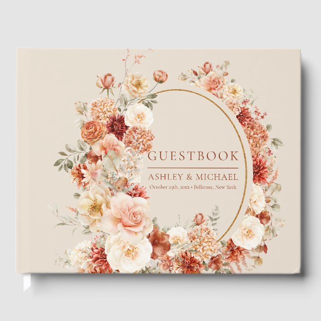 Trendy copper blush and burgundy flowers sage guest book (Front)