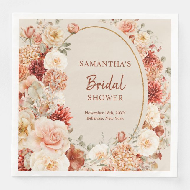 Trendy copper blush and burgundy flowers sage paper dinner napkins (Front)