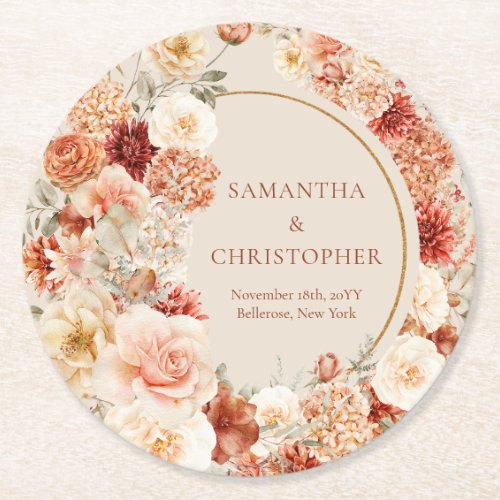 Trendy copper blush and burgundy flowers sage round paper coaster