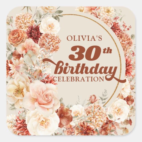 Trendy copper blush burgundy floral 30th birthday square sticker