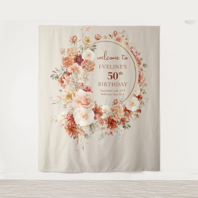 Trendy copper blush burgundy flowers 50 birthday tapestry (Front)