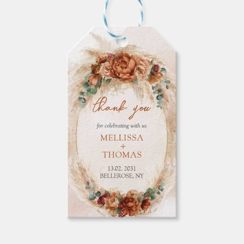 Trendy copper burgundy flowers pampas eucalyptus gift tags