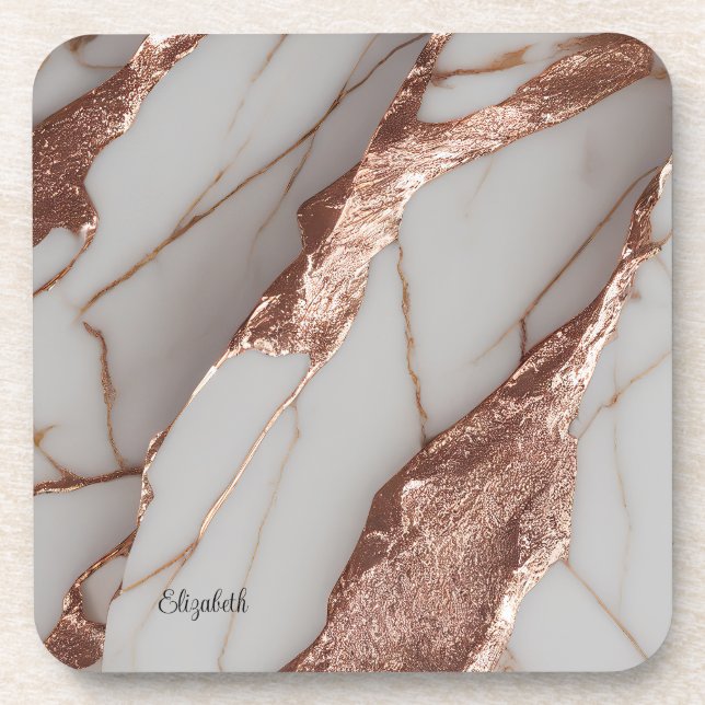 Trendy Copper Glitter Marble Beverage Coaster (Front)