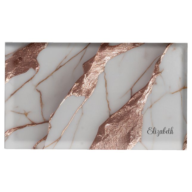 Trendy Copper Glitter Marble Place Card Holder (Front)