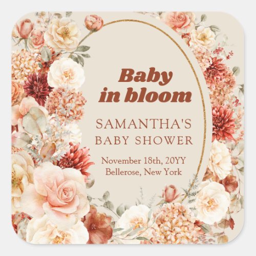 Trendy copper hydrangea and roses autumn Baby Show Square Sticker