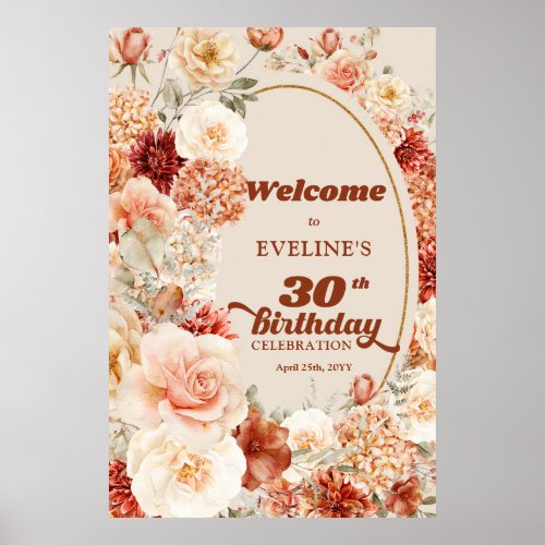 Trendy copper hydrangea blush 30 birthday Welcome Poster