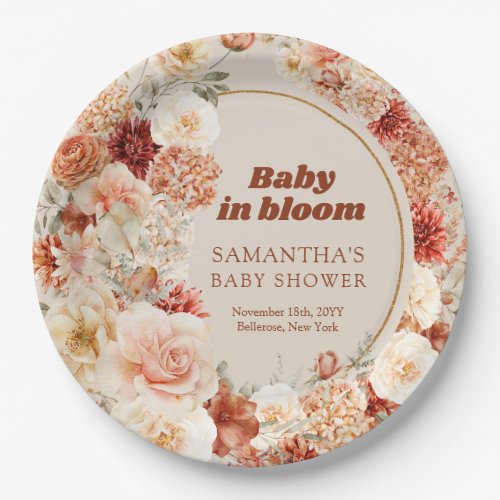 Trendy copper hydrangea roses autumn Baby Shower Paper Plates