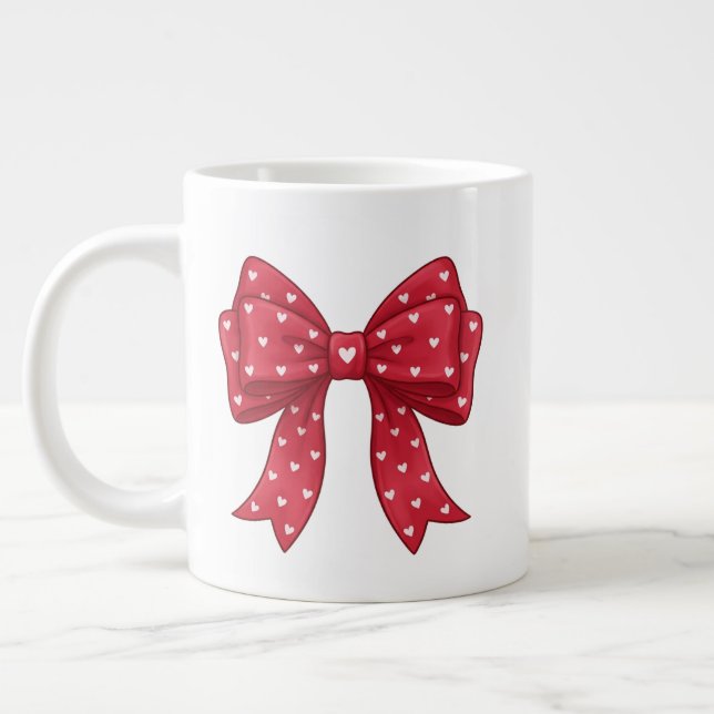 Trendy Coquette Red Ribbon Bow with White Hearts Giant Coffee Mug (Left)